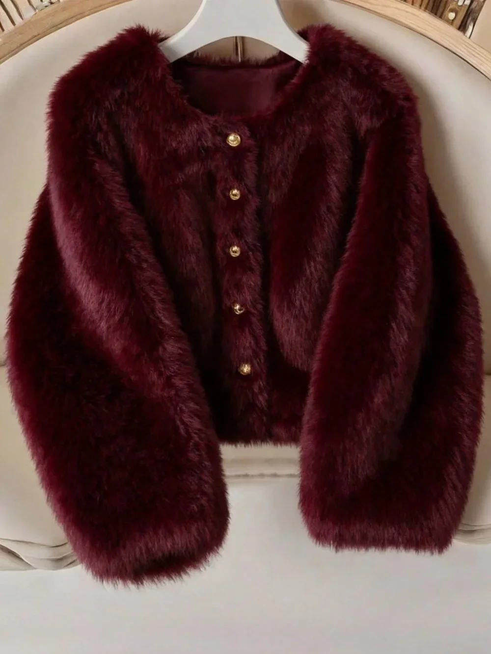 Burgundy Casual Women's Round Neck Front Button Faux Fur Jacket